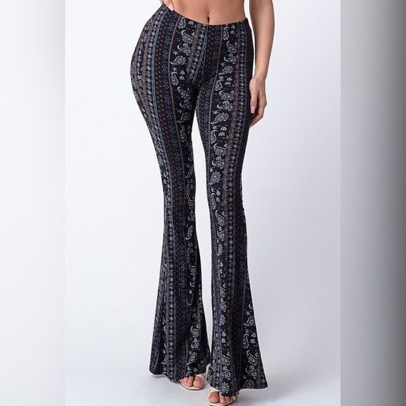 Tik Tok Famous Black Blue Tribal Print Bell Bottom Flare Stretch Pants - Picture 8 of 14